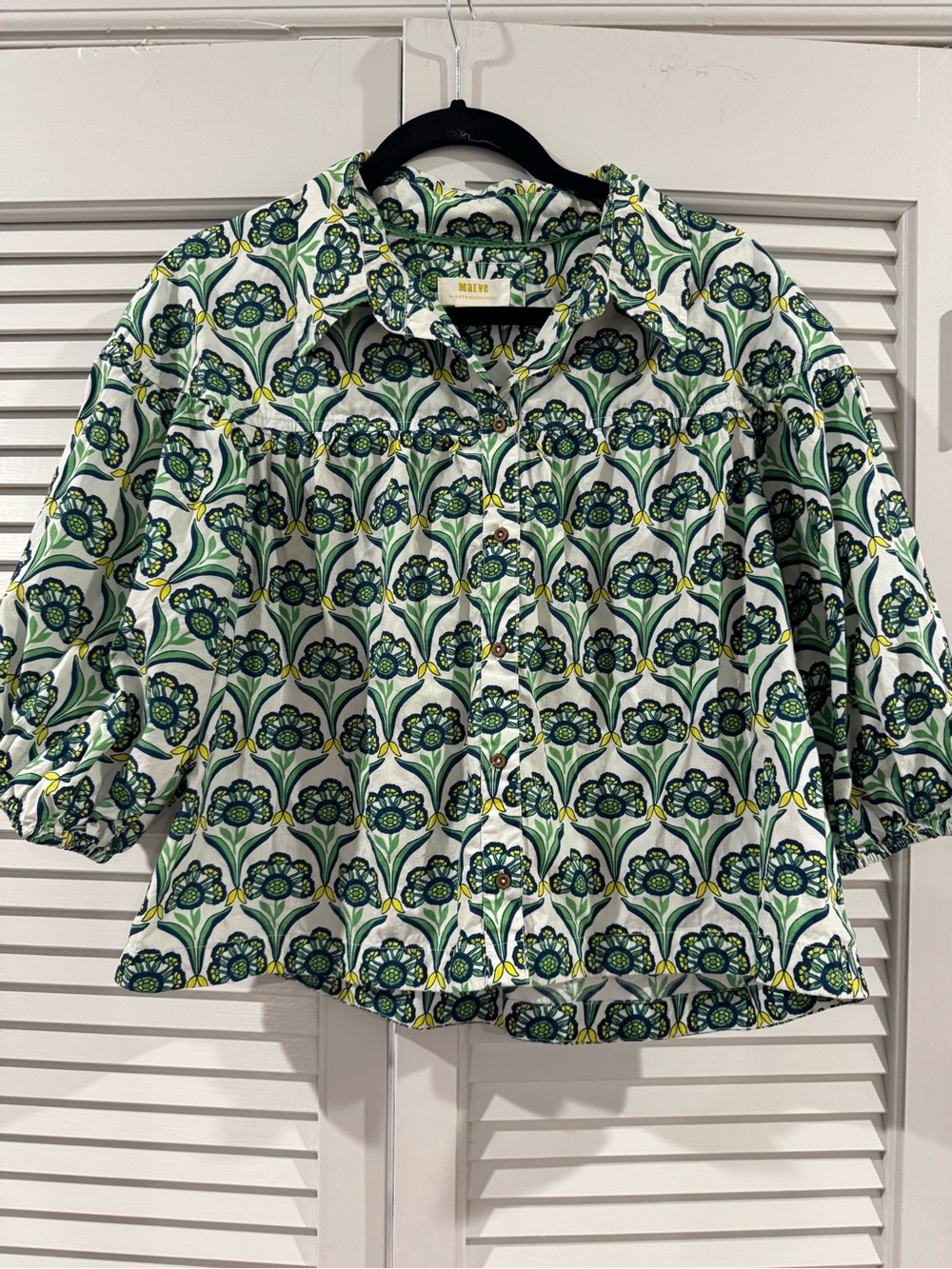 Maeve Green and White Floral Button-Front Blouse